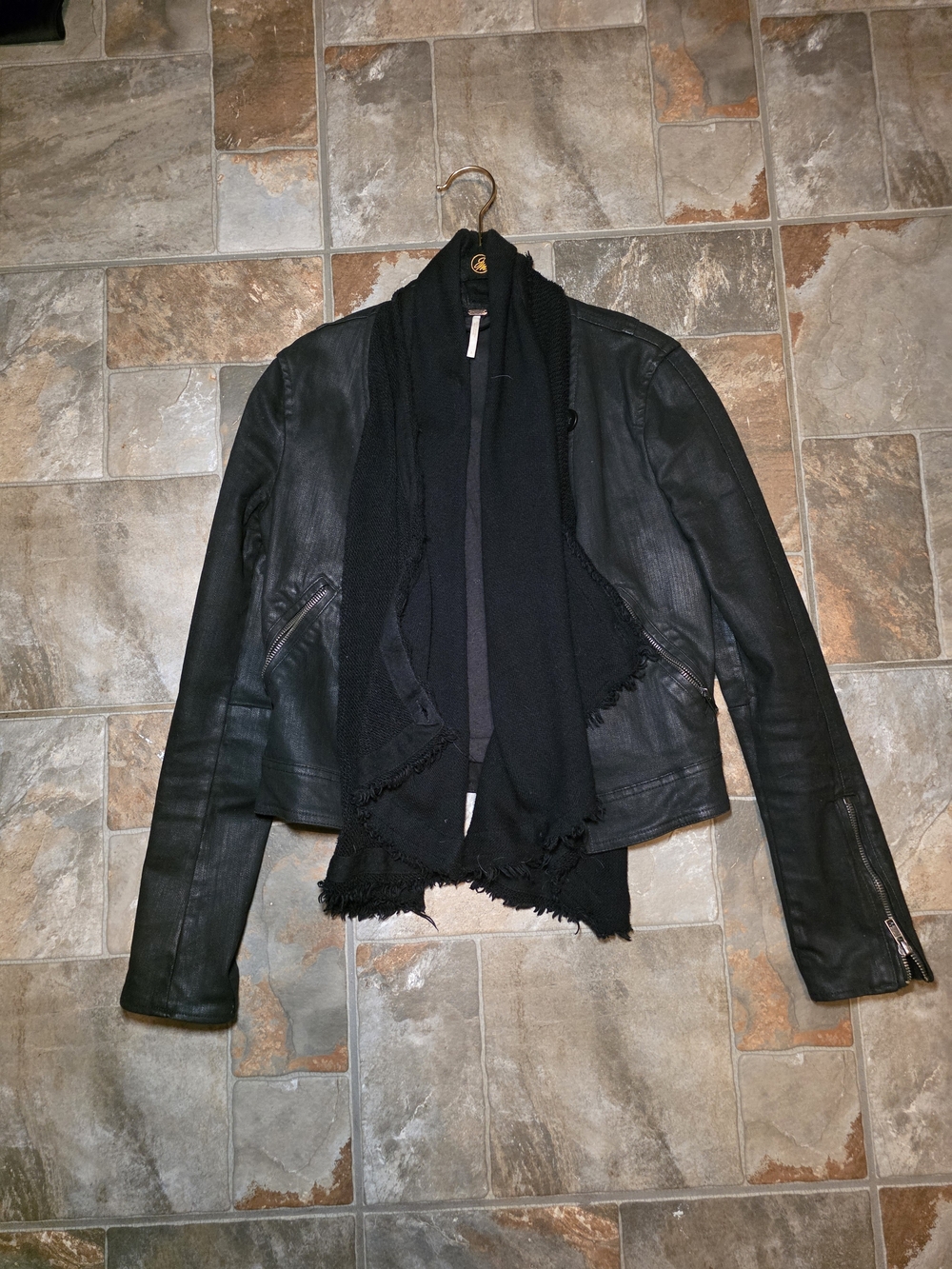 Free People Black Leather Jacket with Draped Black Scarf